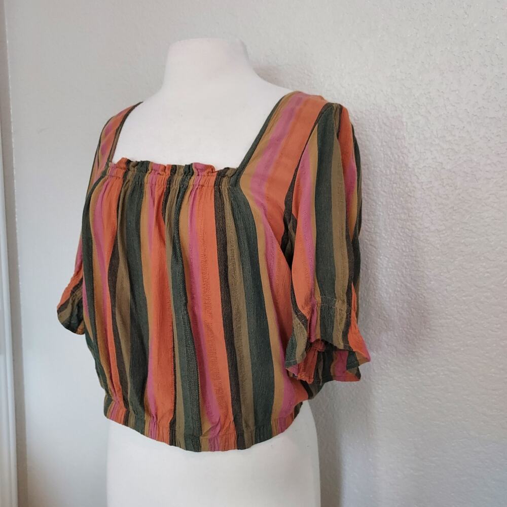 American Eagle Striped Crop Short Sleeve Boho Blouse Size L - Picture 4 of 11
